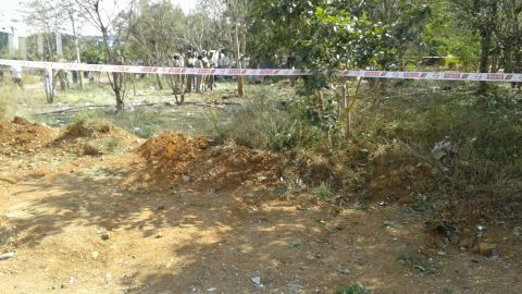 Police roped off the impact site at Bharathidasan Engineering College in India's Tamil Nadu state.