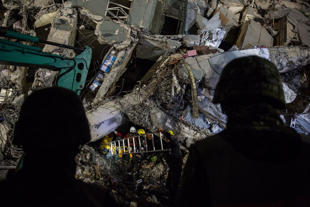 Blue cans appear to have been used in the construction of an apartment building on Saturday, February 6. Dozens were killed in the disaster and rescuers were still pulling people from the rubble days later.