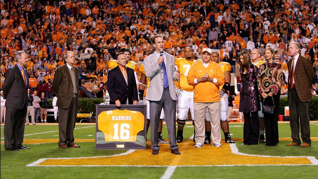 Manning has his college jersey retired before a Tennessee game in 2005.
