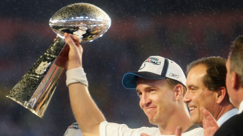 Manning holds the Vince Lombardi Trophy after the Colts won Super Bowl XLI in 2007. Manning was named the game's <a href="index.php?page=&url=http%3A%2F%2Fwww.cnn.com%2F2015%2F01%2F25%2Fus%2Fgallery%2Fsuper-bowl-mvps%2Findex.html" target="_blank">Most Valuable Player </a>as the Colts defeated the Chicago Bears 29-17.