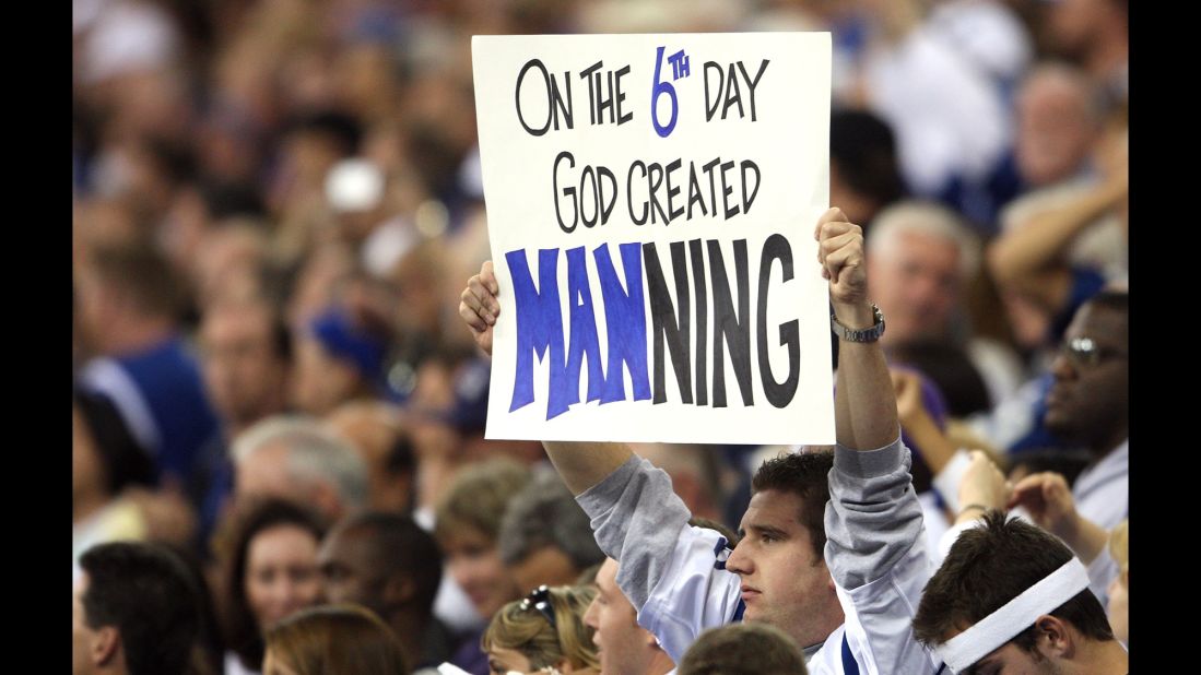 A Colts fan shows his support for Manning during a home game in 2007.