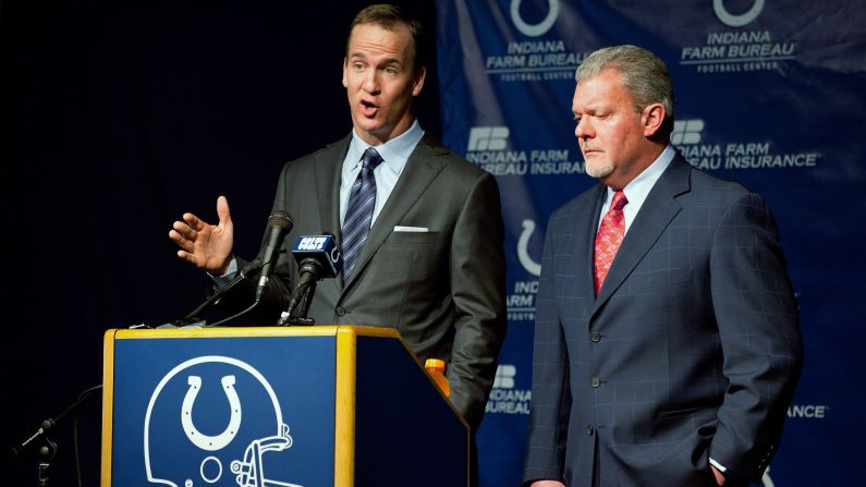 Manning and Colts owner Jim Irsay held a news conference in 2012 to announce that the Colts would be releasing Manning after 14 seasons. The Colts had the first overall pick in the 2012 draft, and they were choosing to start over at the quarterback position. They drafted Andrew Luck one month later.
