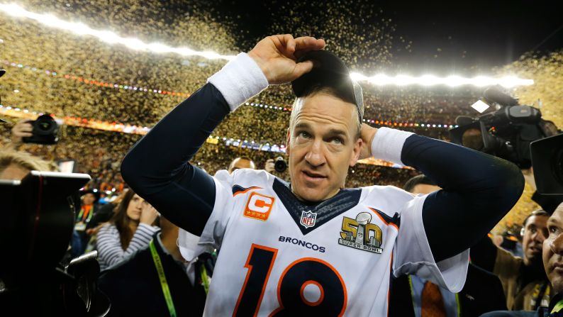 Manning walks off the field Sunday, February 7, after the Broncos won <a href="index.php?page=&url=http%3A%2F%2Fwww.cnn.com%2F2016%2F02%2F07%2Fus%2Fgallery%2Fsuper-bowl-50-photos%2Findex.html" target="_blank">Super Bowl 50.</a> Manning is the only NFL quarterback to win a Super Bowl with two different teams.