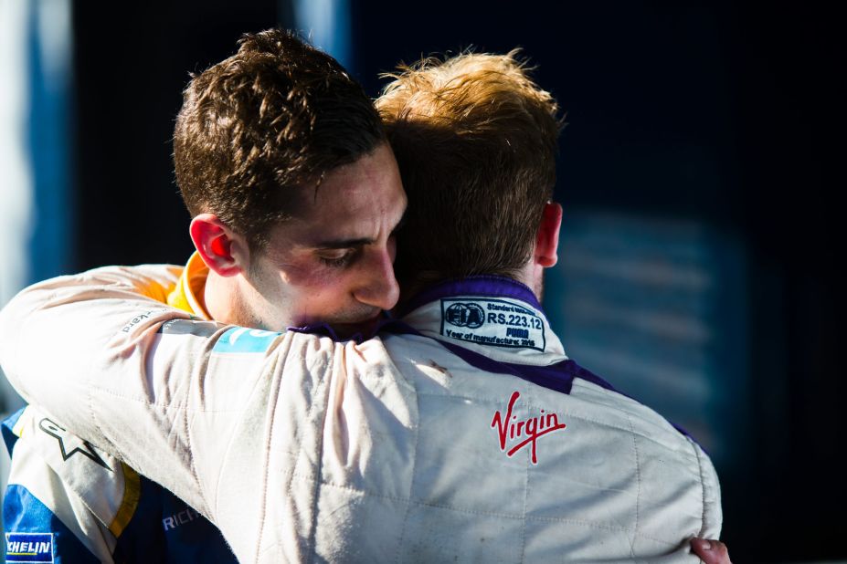 Sebastien Buemi (left) embraces Bird after the pair's epic battle at the Buenos Aires ePrix on Saturday. 