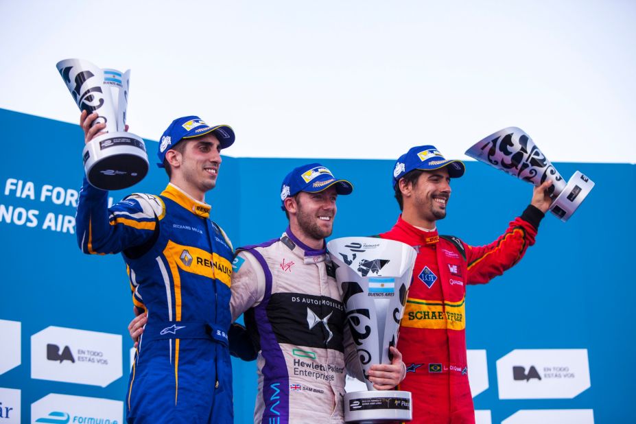 Buemi, Bird and third-placed Lucas di Grassi (far right) pose for the cameras on the podium in Buenos Aires.