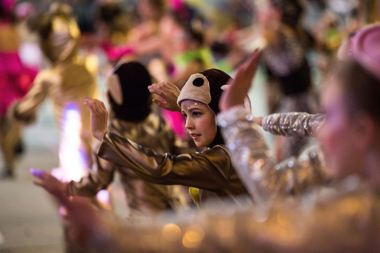 Performers participate in a parade in Hong Kong on February 8.