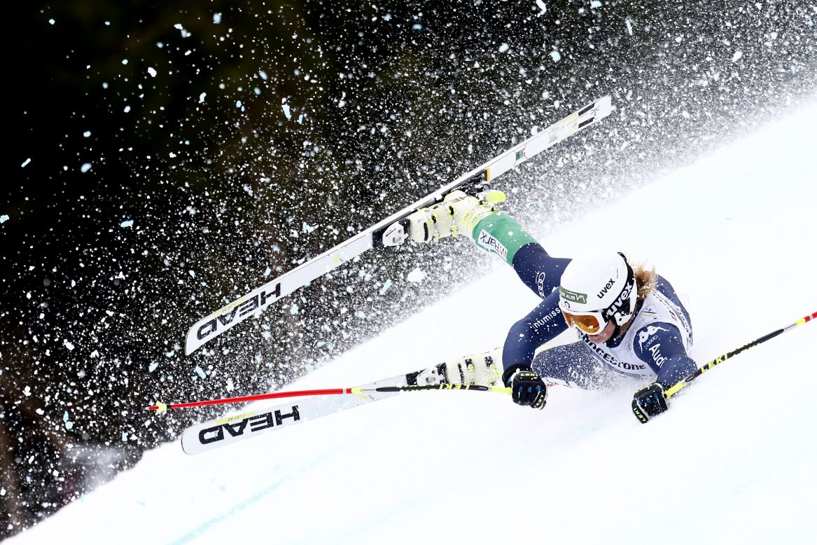 Italian skier Verena Gasslitter crashes during a World Cup race in Garmisch-Partenkirchen, Germany, on Sunday, February 7.