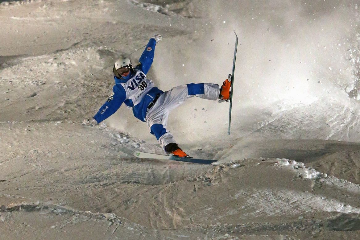American Thomas Rowley skis off course, failing to finish his moguls run at a World Cup event in Park City, Utah, on Thursday, February 4. 