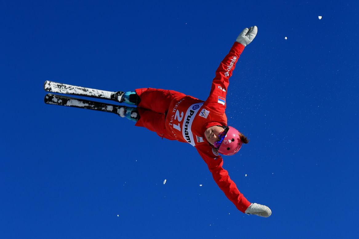Russian skier Liubov Nikitina makes a practice run before a World Cup aerials event in Park City, Utah, on Wednesday, February 3.