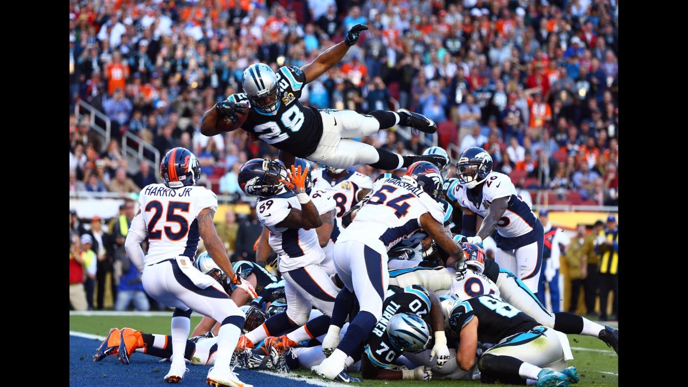 Carolina running back Jonathan Stewart dives into the end zone for the Panthers' only touchdown in Super Bowl 50.