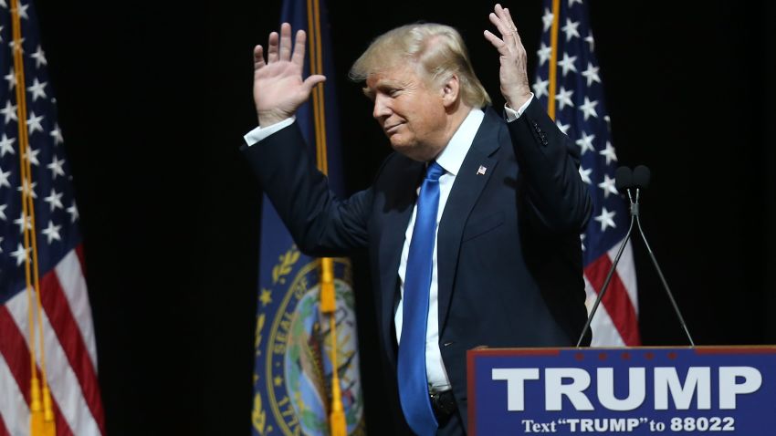 Donald Trump speaks during a campaign rally at Verizon Wireless Arena on February 8, 2016 in Manchester, New Hampshire.