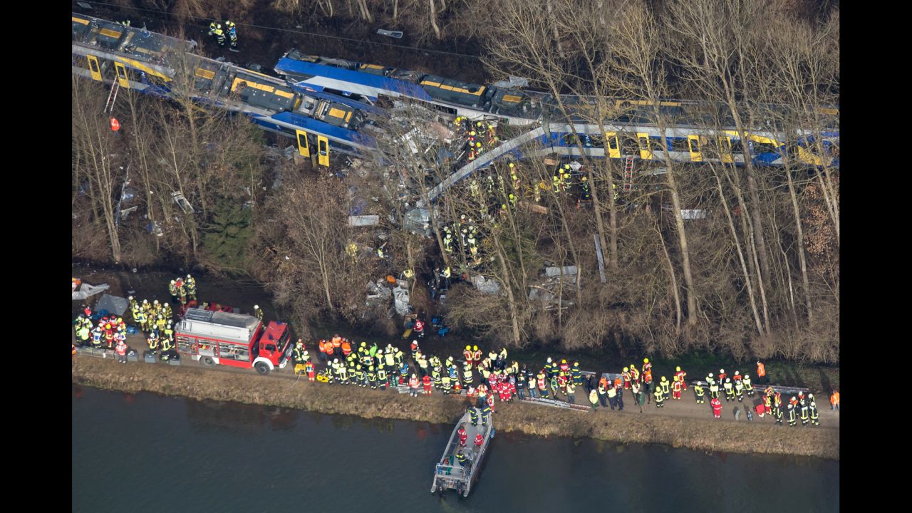An aerial view of rescue workers at the collision site.