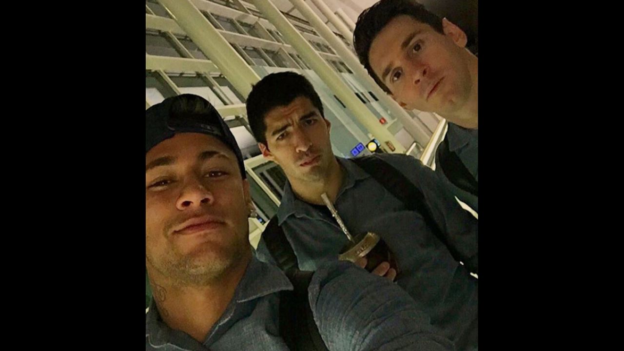 Brazilian soccer star Neymar, left, <a href="https://www.instagram.com/p/BBdGWEYRtk3/" target="_blank" target="_blank">takes a selfie </a>with his Barcelona teammates Luis Suarez, center, and Lionel Messi on Saturday, February 6.