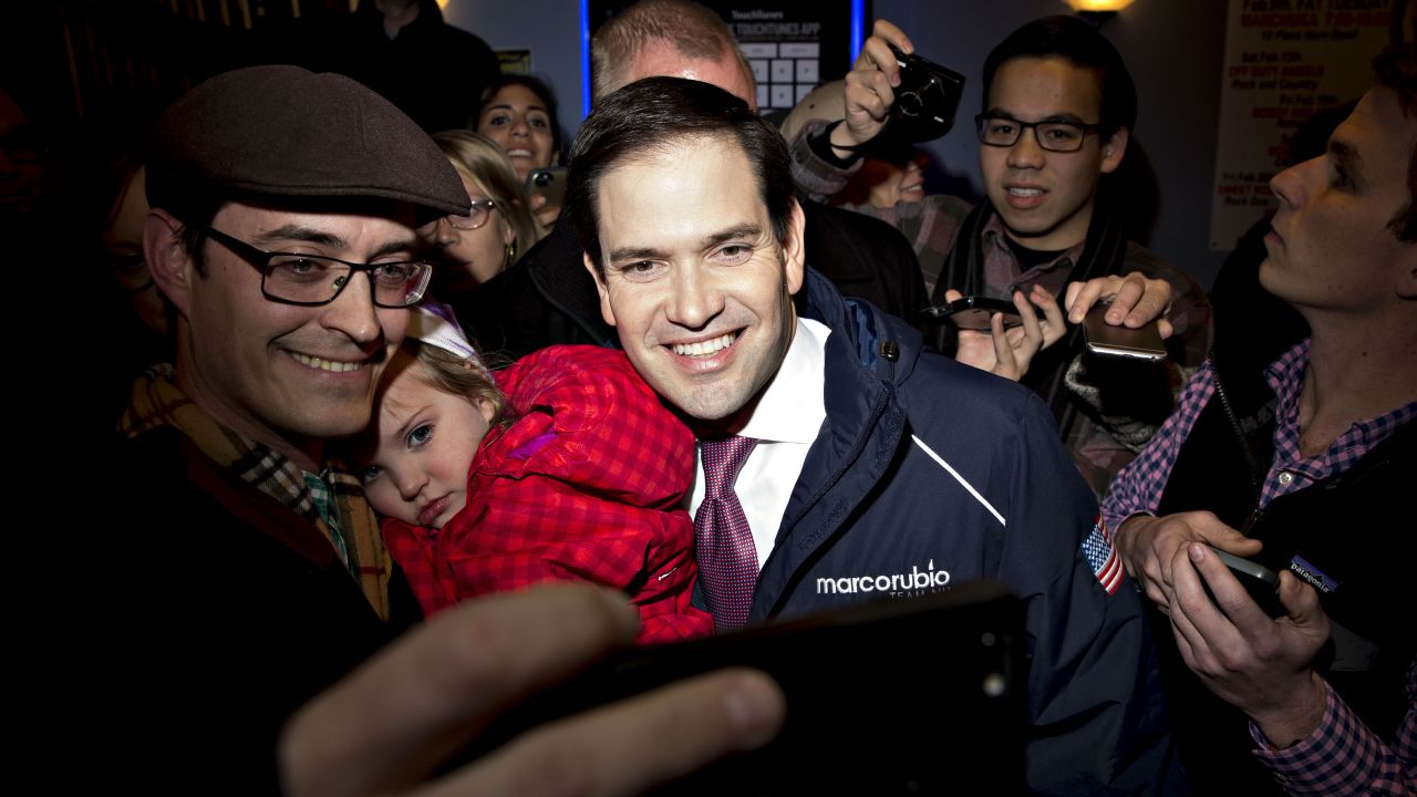 U.S. Sen. Marco Rubio, a Republican presidential candidate, poses for a selfie during a campaign stop in Goffstown, New Hampshire, on Monday, February 8.