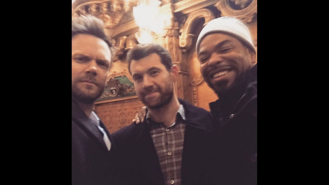 Joel McHale, left, takes a photo with fellow comedian Billy Eichner, center, and rapper Method Man on Monday, February 8. "I make all sets this blurry," <a href="https://www.instagram.com/p/BBjTu0KBXrN/" target="_blank" target="_blank">McHale joked on Instagram.</a>