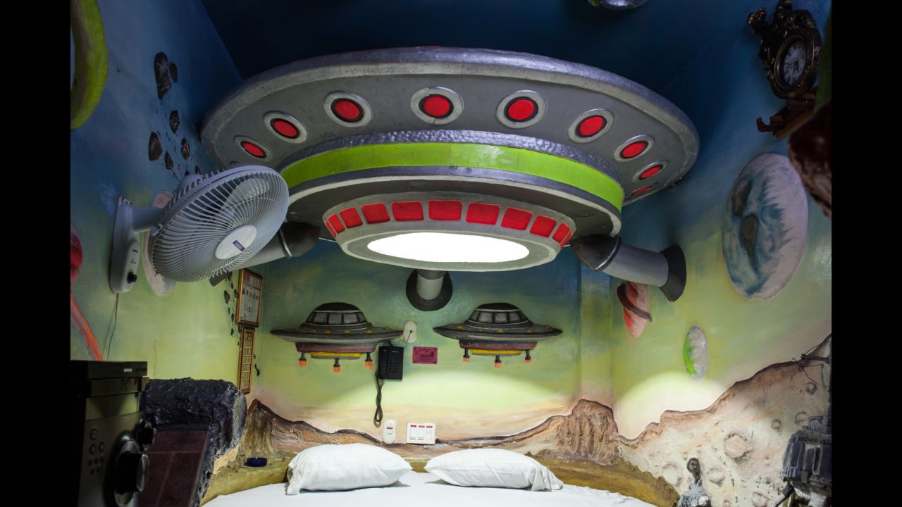 A spaceship-themed room in the Kiss Me Motel. Many love-motel rooms are elaborately decorated.