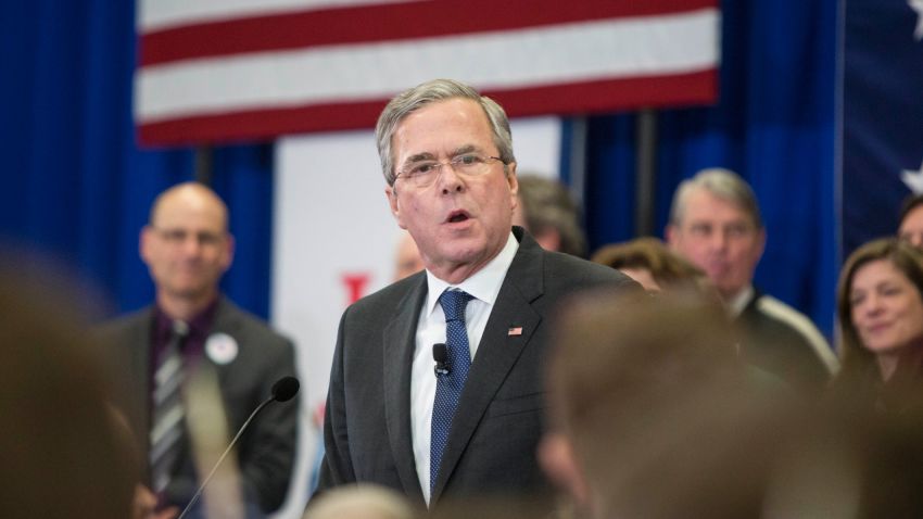 Republican presidential candidate Jeb Bush's addresses his supporters at his election night party at Manchester Community College on February 9, 2016 in Manchester, New Hampshire.