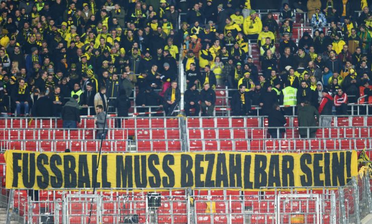 German football is known for being among the most affordable in Europe. However, the Dortmund fans' frustration stemmed from a quarter of away tickets being priced at €70 ($78.80) and the cheapest seats costing €38.50 ($43.40). 