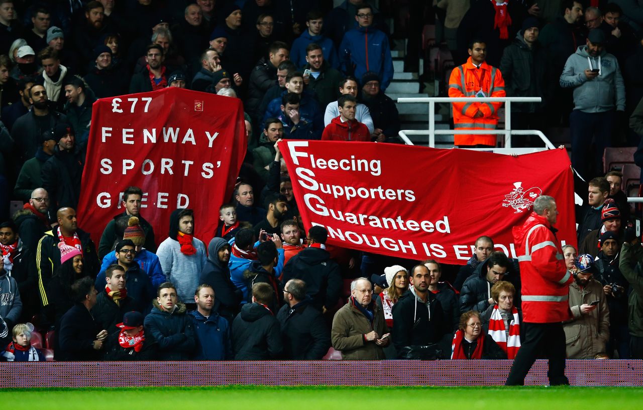 This was in protest against the recent announcement that match day tickets would increase to £77 ($111.80) and that Fenway Sports Group, Liverpool's owners, have introduced the first ever £1000 ($1450.10) season ticket. 