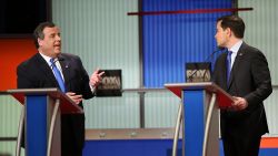 NORTH CHARLESTON, SC - JANUARY 14:  Republican presidential candidates (L-R) New Jersey Governor Chris Christie and Sen. Marco Rubio (R-FL) participate in the Fox Business Network Republican presidential debate at the North Charleston Coliseum and Performing Arts Center on January 14, 2016 in North Charleston, South Carolina. (Photo by Scott Olson/Getty Images)