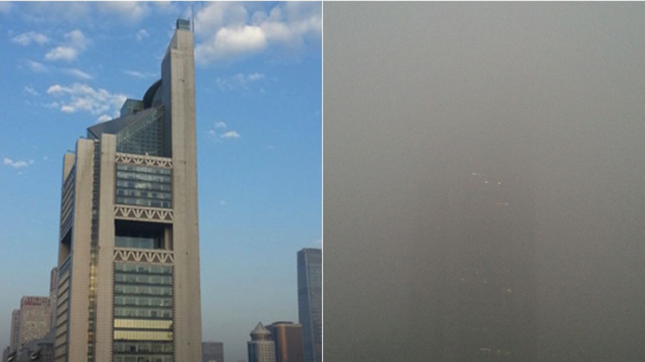 The view from Zou Yi's home in Beijing on September 27, 2015, left, and the same view on December 1, 2015. 
