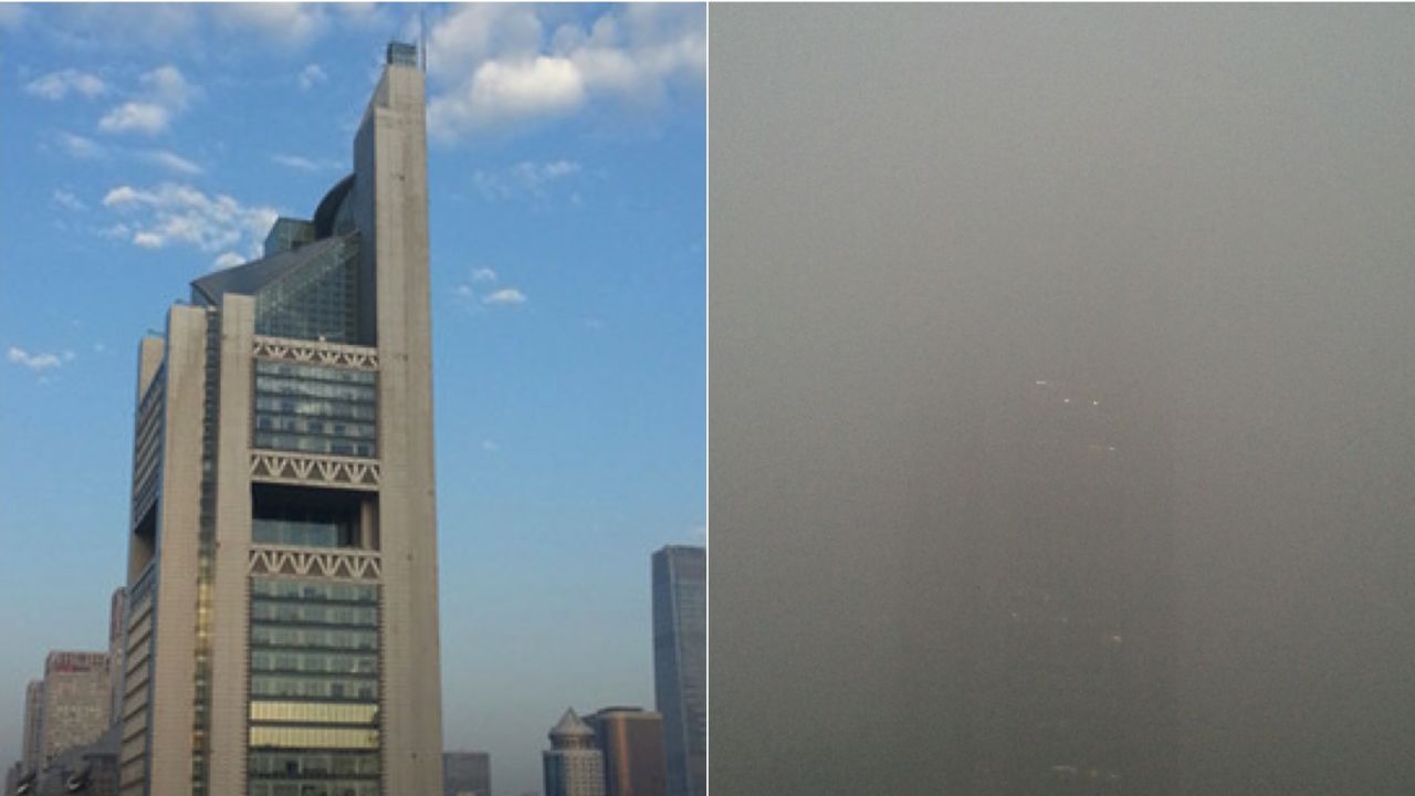 The view from Zou Yi's home in Beijing on September 27, 2015, left, and the same view on December 1, 2015.