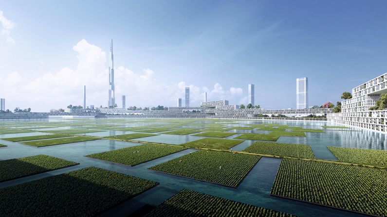 In the proposal, the skyscraper would be a part of a greater eco-district. Urban-farm plots would float in the surrounding waters. 