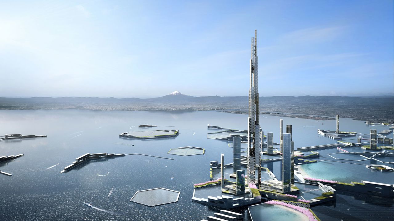 The 1,600 meter -- one entire mile -- tower is part of a future city concept named "Next Tokyo 2045," which envisions a floating mega-city in Tokyo Bay.