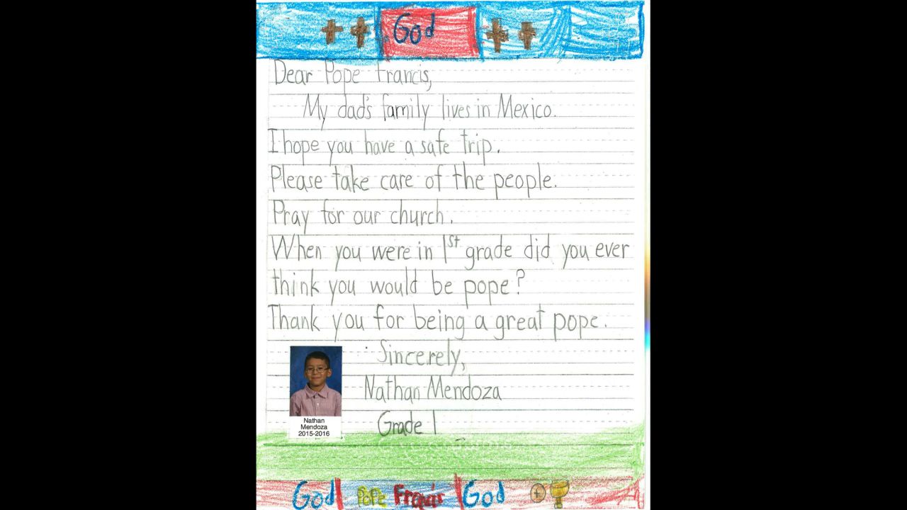 "When you were in 1st grade did you ever think you would be pope?" asks Nathan Mendoza.