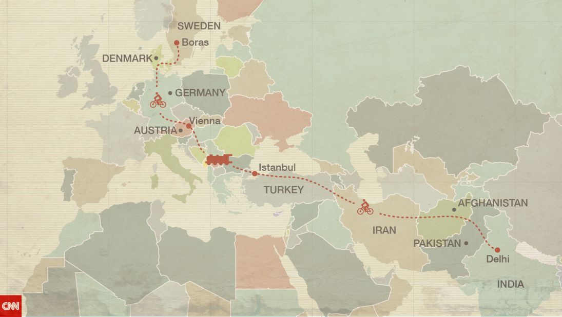 After Von Schedvin returned to Scandinavia, Mahanandia embarked on a 3,600km bicycle journey from Delhi, India to Boras, Sweden. On some days he cycled up to 70km, though on others he admits taking many lifts -- even being gifted a train ticket. Following the famous "Hippie Trail", the journey took over four months to complete. 