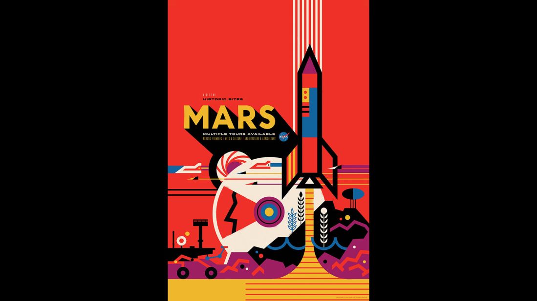 NASA's Jet Propulsion Laboratory (JPL) released a set of "travel posters" depicting various cosmic destinations. This poster shows Mars as a habitable world. The posters -- the brainchild of The Studio, the design and strategy team at JPL -- are a way to celebrate the discovery of planets. JPL visual strategist David Delgado says of the designs: "All of these far off places are hard to get to, but they are there. The immediate thought was, if we could go there someday, what would it be like?" 