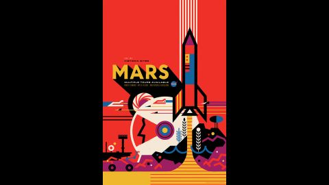 This poster shows Mars as a habitable world. The posters — the brainchild of The Studio, the design and strategy team at JPL — are a way to celebrate the discovery of planets. JPL Visual Strategist David Delgado said of the designs: "All of these far off places are hard to get to, but they are there. The immediate thought was, if we could go there someday, what would it be like?" 