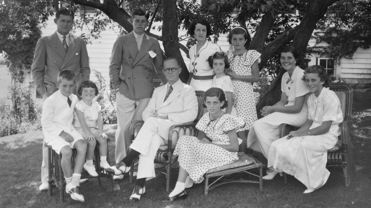 JFK came from a large, prominent Irish Catholic family, seen here at their summer home in Hyannis, Massachusetts, in the 1930s. He had eight brothers and sisters. Seated from left are Robert, Edward, father Joseph Sr., Eunice, Rosemary and Kathleen. Standing from left are Joseph Jr., JFK, mother Rose, Jean and Patricia. 
