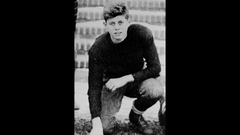 Kennedy attended Choate boarding school in Connecticut, where he was popular and played a variety of sports. He's pictured here on the school's football team at age 16.  He graduated and entered Harvard University in 1936.