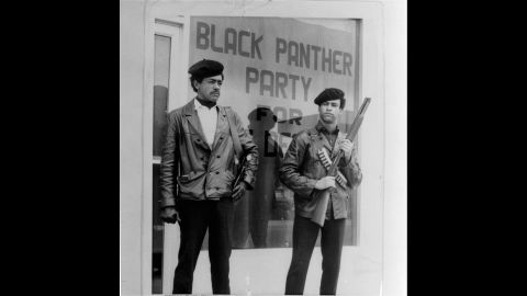 Black Panther National Chairman Bobby Seale, left, wears a Colt .45, and Huey Newton, right, carries a shotgun in Oakland, California, in the 1960s. The group's look and defiant rhetoric made black militancy fashionable in the late '60s. 