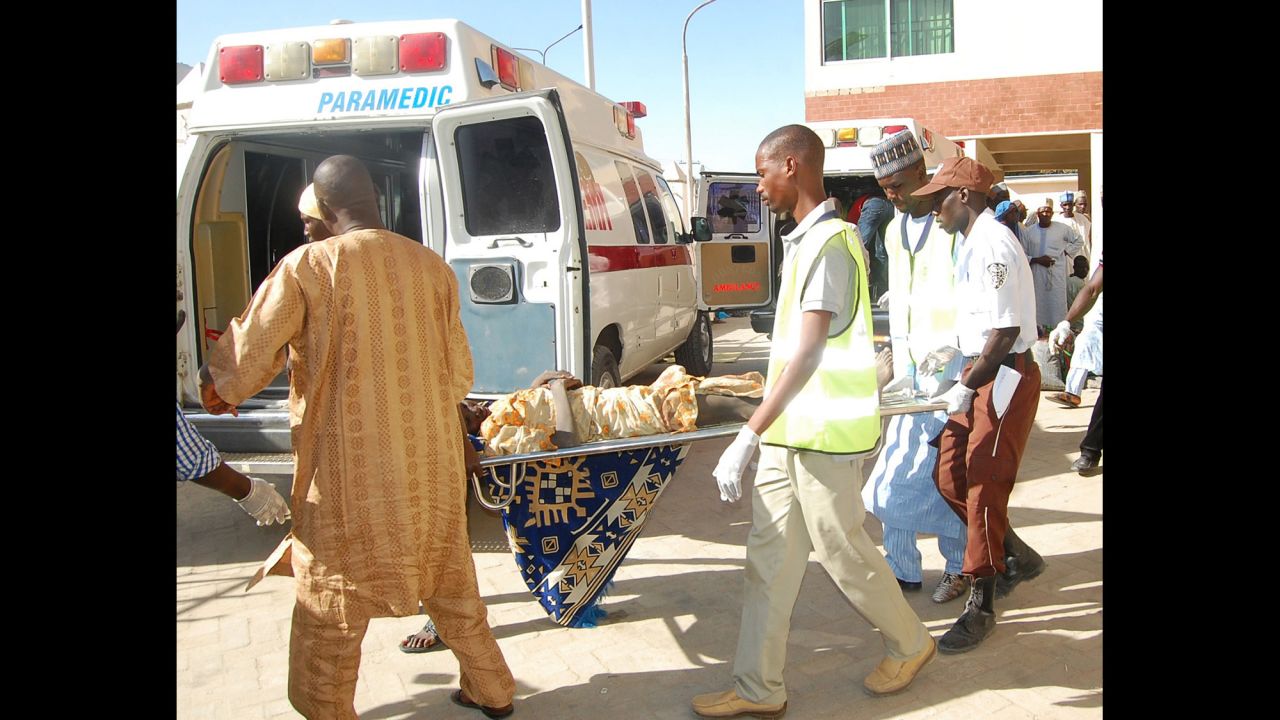 Rescue workers in Maiduguri, Nigeria, transport a victim of <a href="http://www.cnn.com/2016/02/11/africa/nigeria-suicide-bombing-boko-haram/" target="_blank">a suicide bomb attack</a> on Wednesday, February 10. At least 58 people were killed and 78 were injured when two suicide bombers blew themselves up at a camp set up to shelter people from terrorism. The attacks are believed to be reprisals for a recent military offensive against Boko Haram, a military source said.