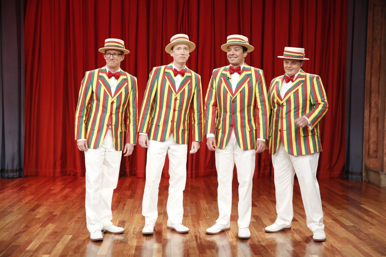 Jimmy Fallon (second from right) sings barbershop versions of rock, hip-hop and R&B hits with a quartet called the Ragtime Gals that's made multiple appearances on "The Tonight Show Starring Jimmy Fallon." Wearing comically colorful jackets and matching hats, the Ragtime Gals have been joined by such guest vocalists as Justin Timberlake, Kevin Spacey, Sting and Joseph Gordon-Levitt. Their repertoire includes Timberlake's "SexyBack," "Talk Dirty" by Jason Derulo, "Roxanne" by the Police and Rihanna's "Bitch Better Have my Money."   