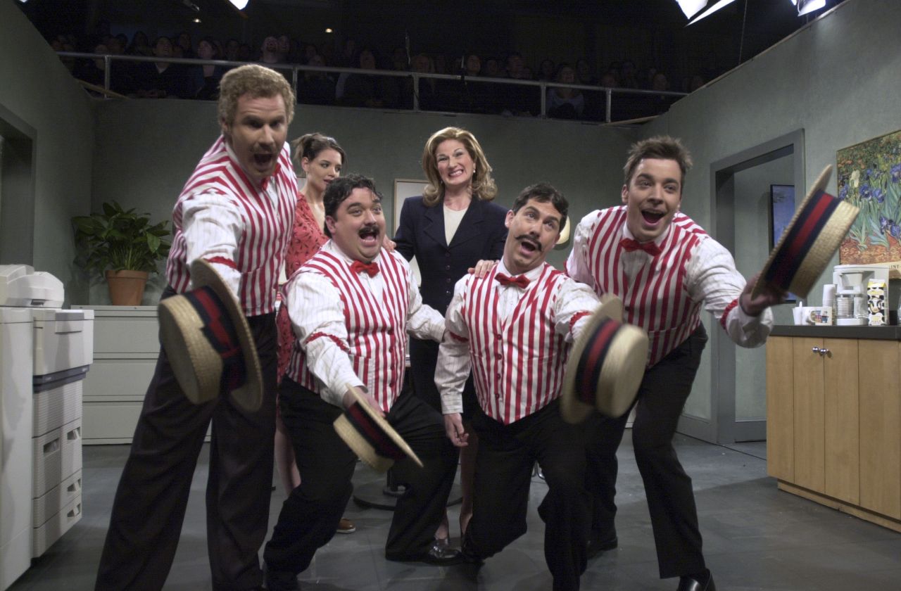 Will Ferrell (far left) and Jimmy Fallon far right) got decked out in straw hats and striped vests to sing an ironically chirpy song about workplace hostility in a 2001 "Saturday Night Live" sketch. The song centered on a mean-spirited boss nicknamed Passive Aggressive Pam. 