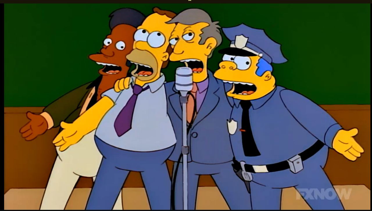 Homer Simpson crooned a hit song, "Baby on Board" with a barbershop group called the Be Sharps in a 1993 episode of "The Simpsons." The episode follows the quartet, featuring Homer, Apu, Barney and Principal Skinner, as their tune climbs the pop charts and wins them Beatles-like celebrity. Fame is followed by discord after Barney begins making music with his girlfriend, a performance artist. The episode featured a Ringo Starr cameo and "Baby on Board" was performed by a real-life barbershop quartet, the Dapper Dans of Disneyland.      