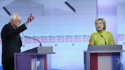 Democratic presidential candidates Sen. Bernie Sanders and Hillary Clinton participate in the PBS NewsHour Democratic presidential candidate debate at the University of Wisconsin-Milwaukee on February 11, 2016, in Milwaukee, Wisconsin.