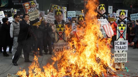 South Korean protesters burn an effigy of North Korea leader Kim Jong-Un during an anti-North Korea rally on February 11, 2016 in Seoul, South Korea. South Korea announced that it would close an industrial complex jointly ran with North Korea.