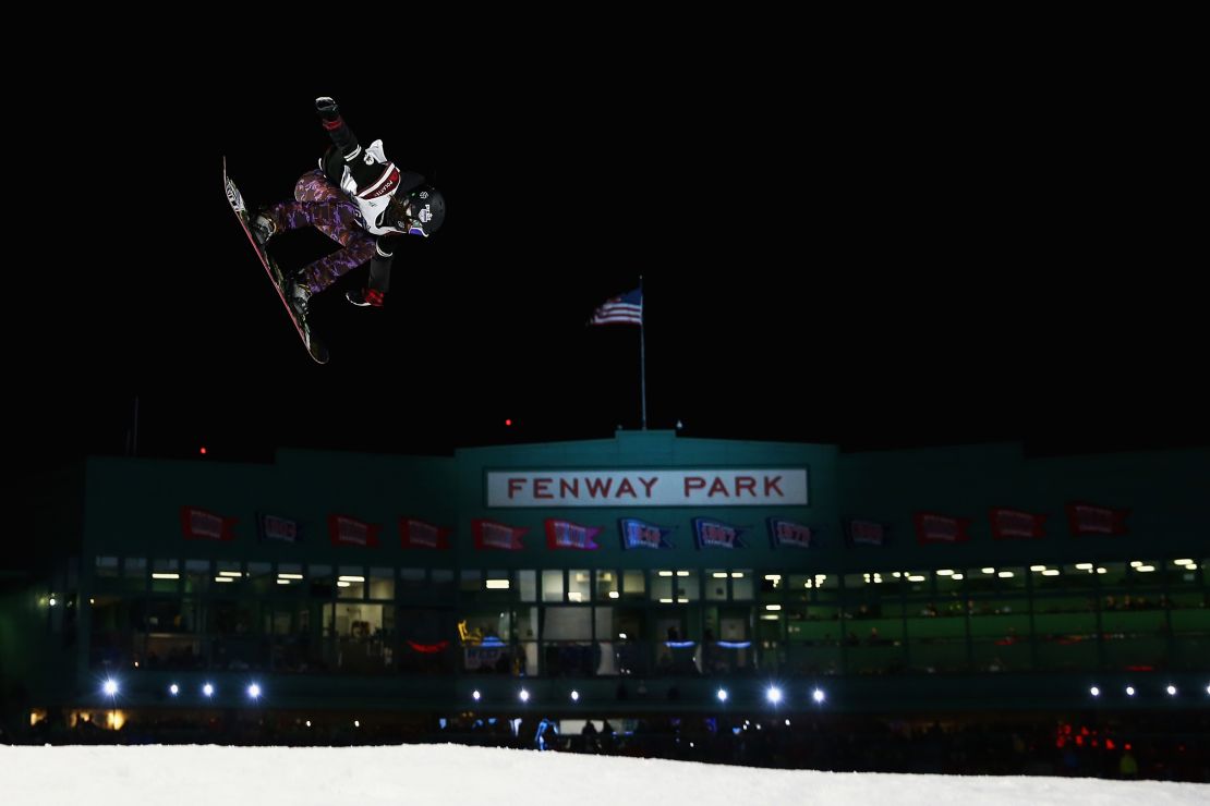 U.S. snowboarder Karly Shorr practices for the Ladies Snowboarding event at Fenway Park.