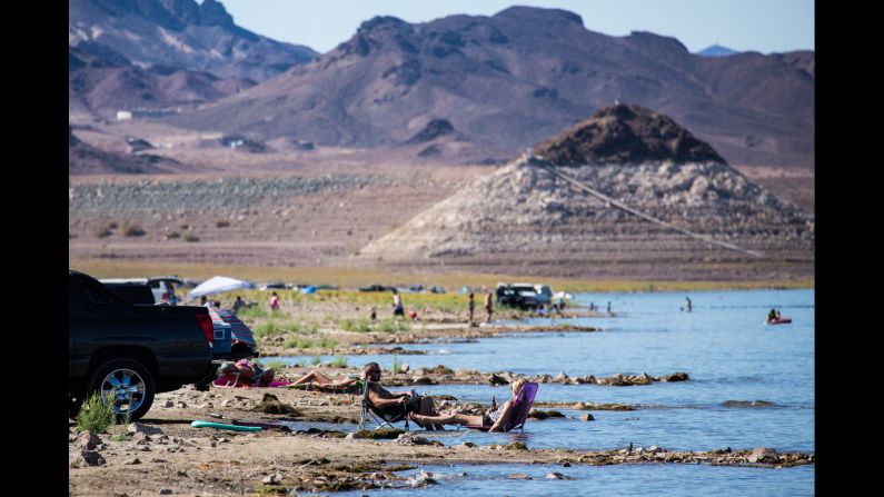 Recent drought has taken the water levels in Nevada's Lake Mead lower and lower. Levels in the lake, which is a reservoir, are far below the white "bathtub rings" created by previous water levels.