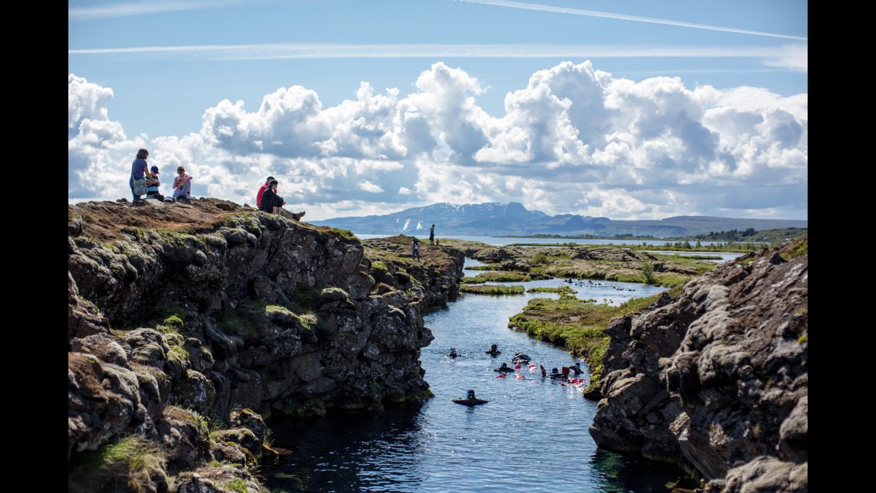 The continental divide at Thingvellir National Park is the only place in the world where you can hold two continental plates at once: the North American plate on one side, the Eurasian plate on the other.