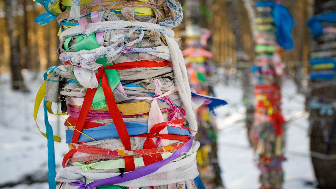 Despite the predominance of Buddhism, many vestiges of shamanism remain across Buryatia. Shamanistic sites known as ovoos attract pilgrims, who adorn nearby trees with ribbons and scraps of cloth as offerings to the spirits. 