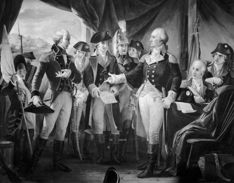 In this artistic rendering, in 1789, George Washington, right, declines to accept terms, after the siege of Yorktown, from British Gen. Charles Cornwallis. The British army had been so plagued by malaria that at any given point in the summer, half of their forces were immobilized.