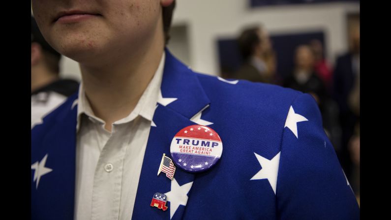 For his 2016 campaign, Donald Trump's slogan is "Make America Great Again," an echo of Reagan's. Here a supporter wears the slogan on a button.