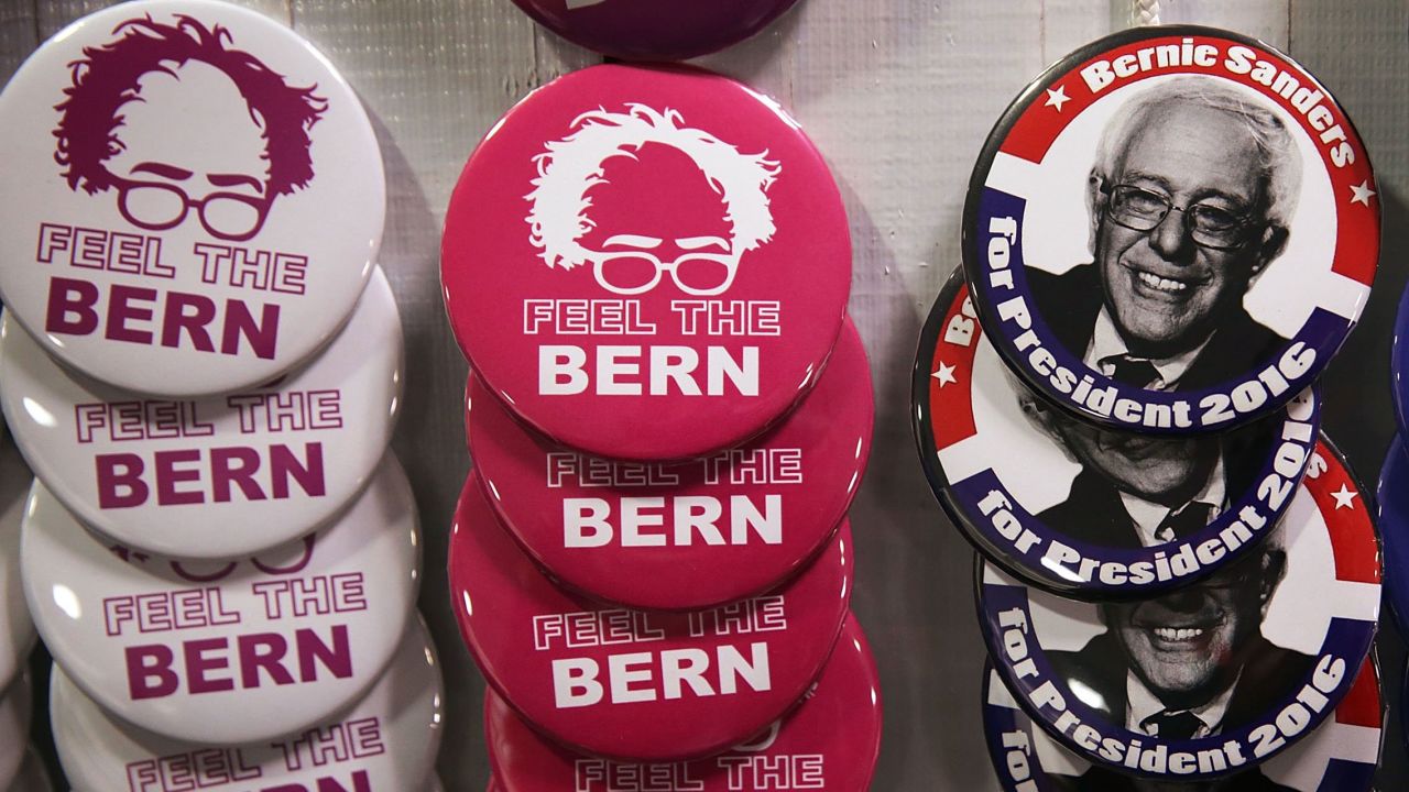 Campaign buttons for Democratic presidential candidate Bernie Sanders highlight his "Feel the Bern" slogan. 