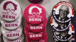 Campaign buttons for Democratic presidential candidate Sen. Bernie Sanders, January 31.  