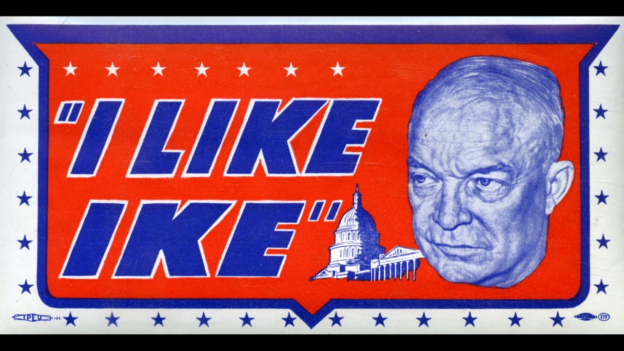  "I Like Ike" decal from the 1952 presidential campaign, showing a close-up portrait of Dwight D. Eisenhower, the popular World War II general who went on to serve two terms as president.